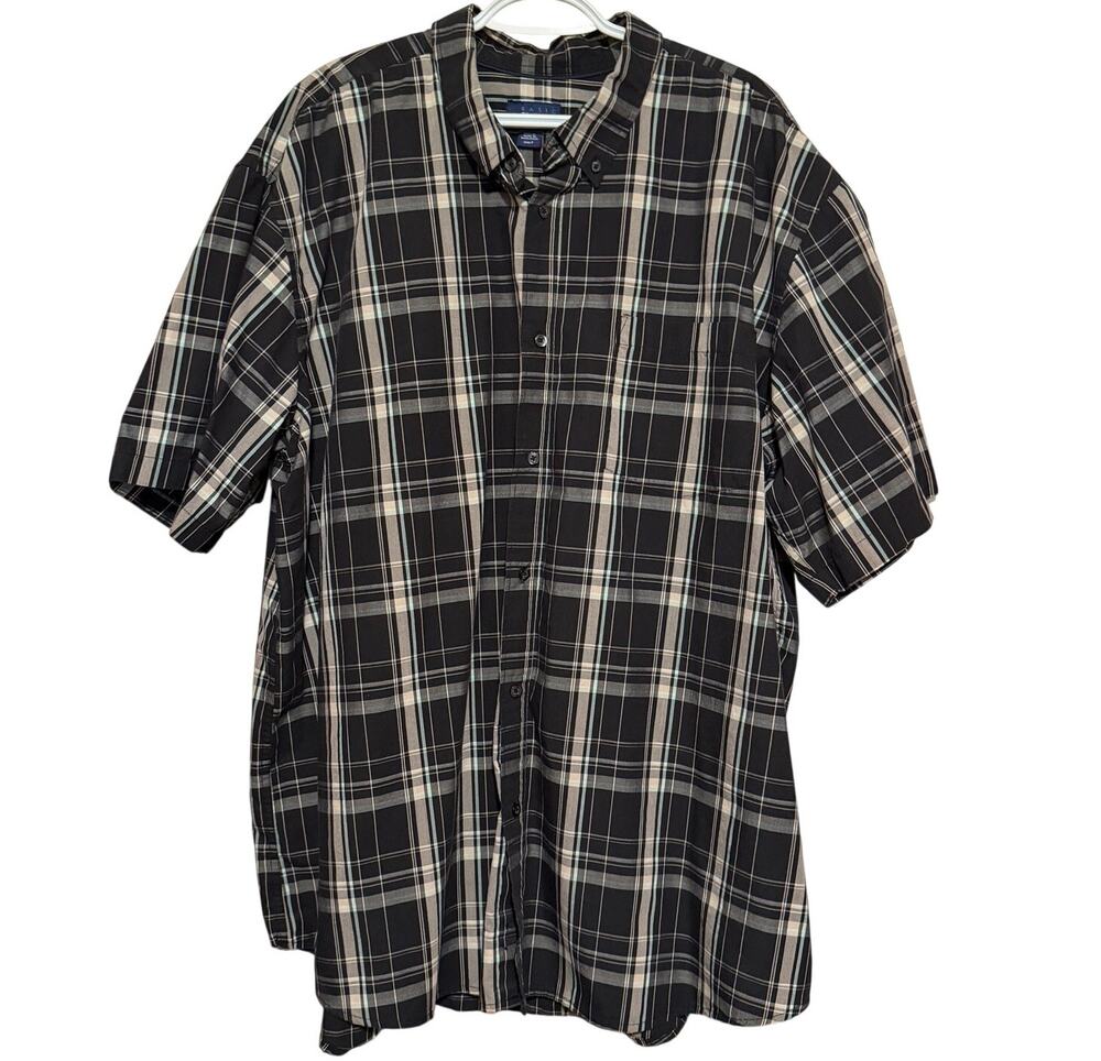 Basic Editions Easy Care Plaid Black Tan Blue Short Sleeve Button Down Size 3XLT